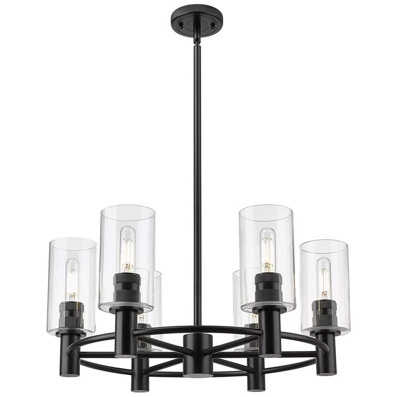 Image 1 Crown Point 24"W 6 Light Stem Hung Matte Black Chandelier w/ Clear Sha