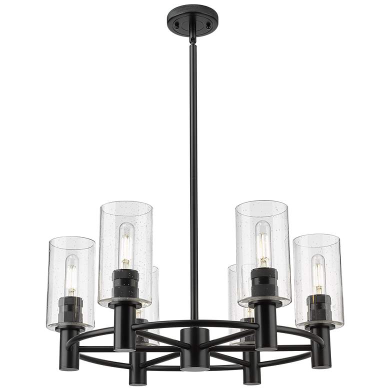 Image 1 Crown Point 24"W 6 Light Stem Hung Matte Black Chandelier w/ Seedy Sha