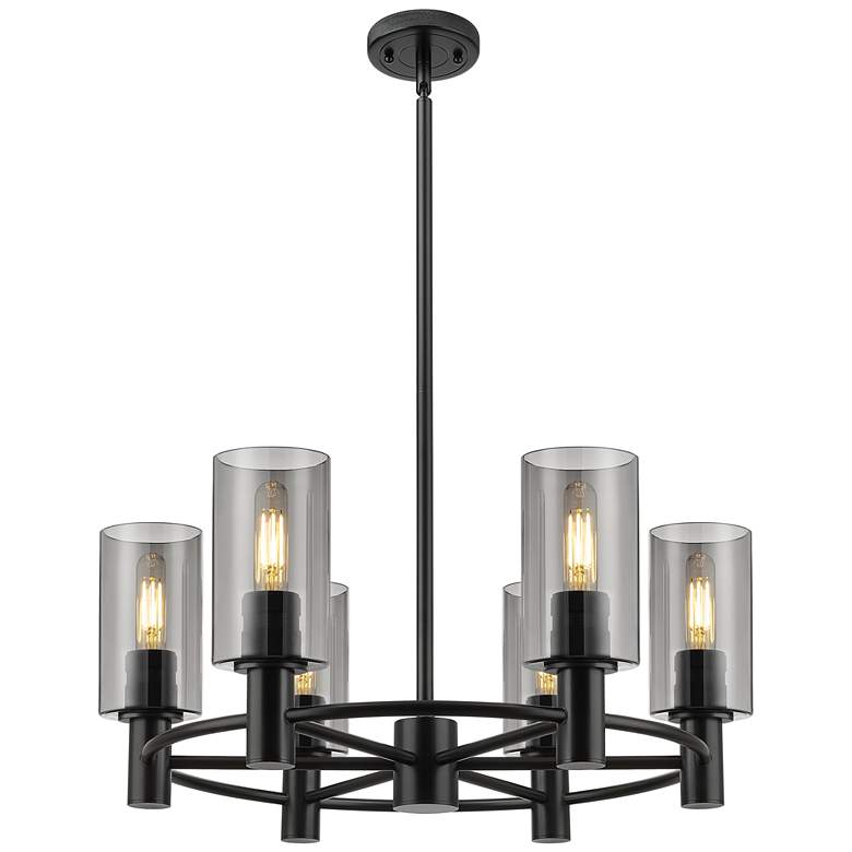 Image 1 Crown Point 24"W 6 Light Stem Hung Matte Black Chandelier w/ Smoke Sha