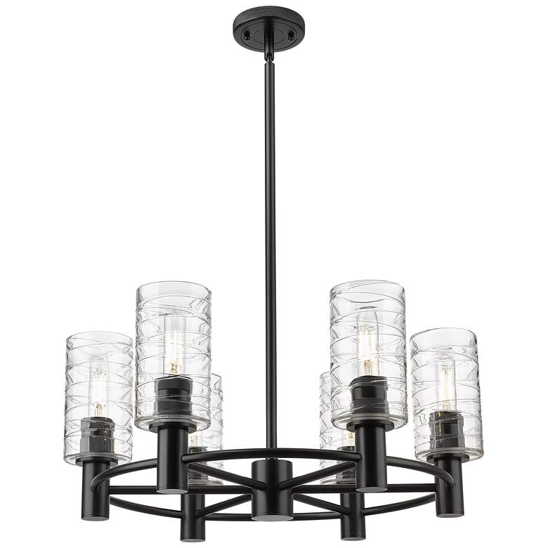 Image 1 Crown Point 24"W 6 Light Stem Hung Matte Black Chandelier w/ Swirl Sha