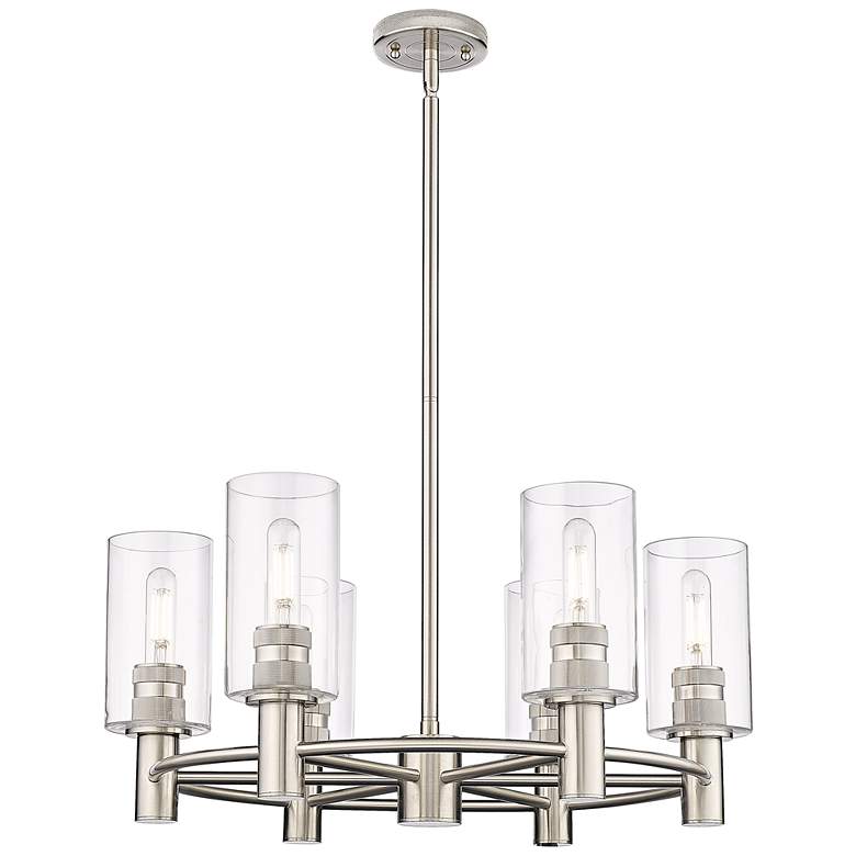 Image 1 Crown Point 24"W 6 Light Stem Hung Satin Nickel Chandelier w/ Clear Sh