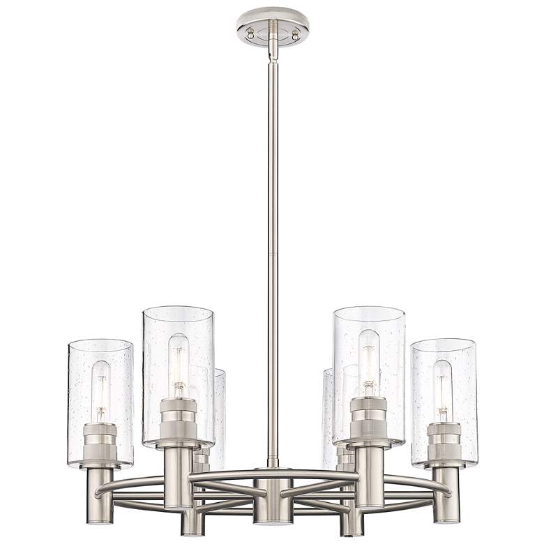 Image 1 Crown Point 24"W 6 Light Stem Hung Satin Nickel Chandelier w/ Seedy Sh