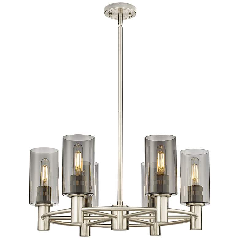 Image 1 Crown Point 24"W 6 Light Stem Hung Satin Nickel Chandelier w/ Smoke Sh