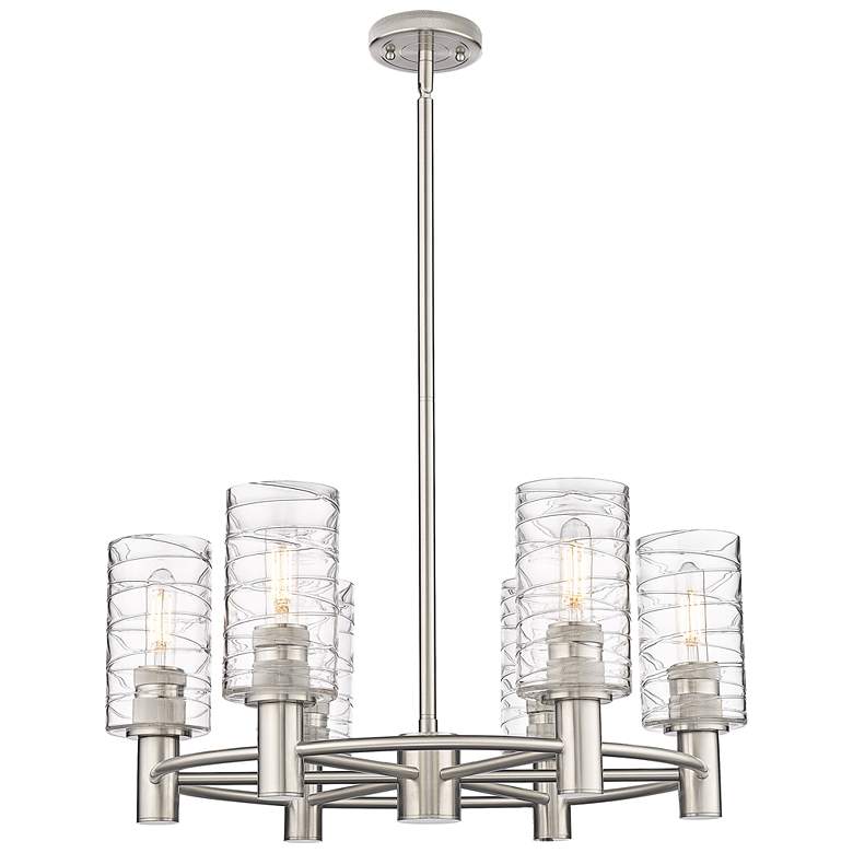 Image 1 Crown Point 24"W 6 Light Stem Hung Satin Nickel Chandelier w/ Swirl Sh