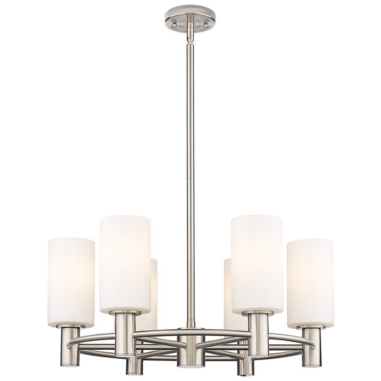 Image 1 Crown Point 24"W 6 Light Stem Hung Satin Nickel Chandelier w/ White Sh