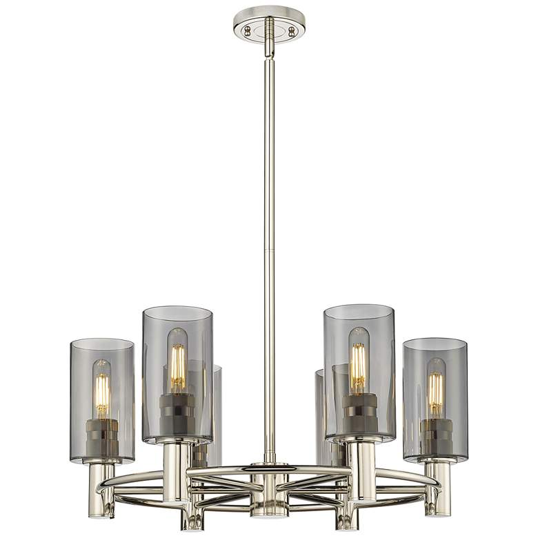 Image 1 Crown Point 24"W 6 Light Stemmed Polished Nickel Chandelier w/ Smoke S