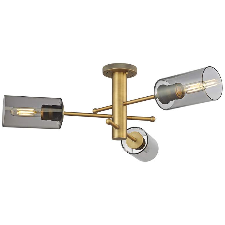 Image 1 Crown Point 29.4" Wide 3 Light Brushed Brass Flush Mount with Smoke Sh