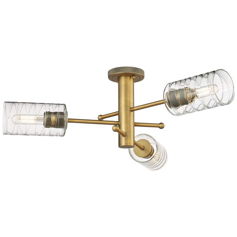 Image 1 Crown Point 29.4" Wide 3 Light Brushed Brass Flush Mount with Swirl Sh