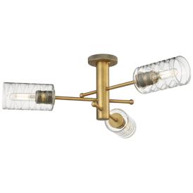 Crown Point 29.4" Wide 3 Light Brushed Brass Flush Mount with Swirl Sh Crown Point 29.4" Wide 3 Light Brushed Brass Flush Mount with Swirl Sh