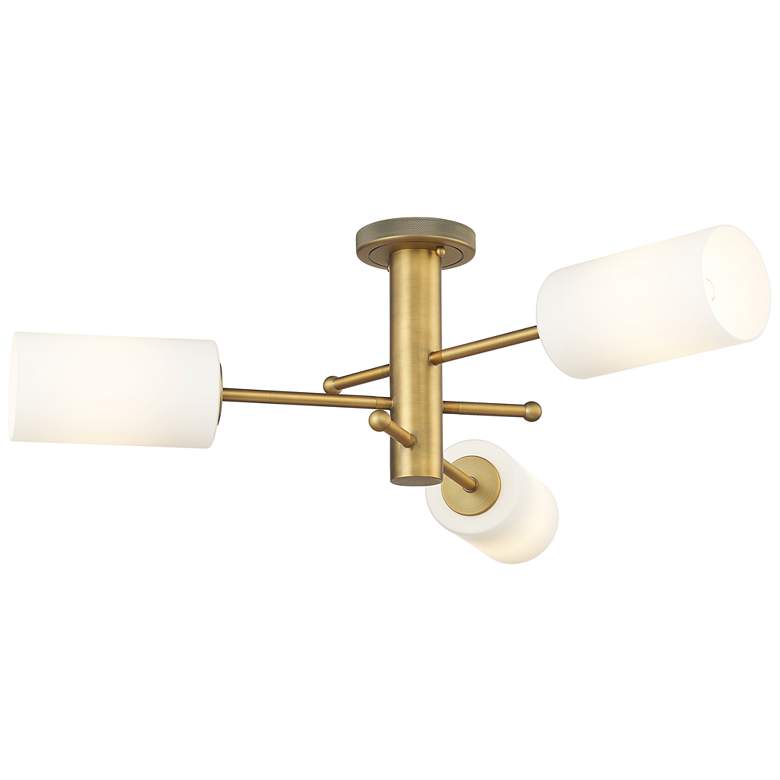 Image 1 Crown Point 29.4" Wide 3 Light Brushed Brass Flush Mount with White Sh