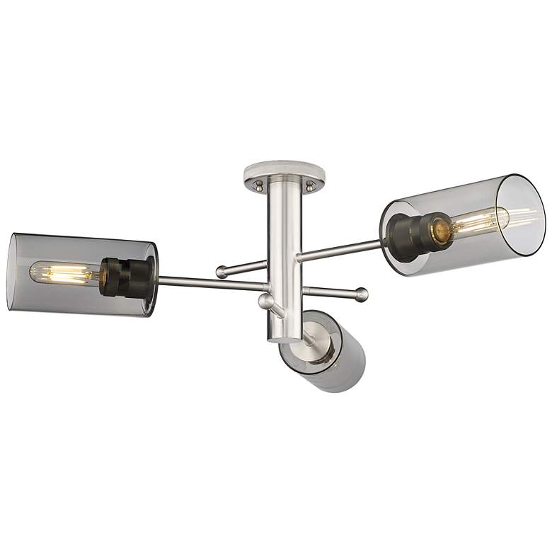 Image 1 Crown Point 29.4 inch Wide 3 Light Satin Nickel Flush Mount with Smoke Sha