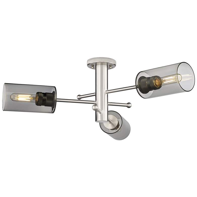 Image 1 Crown Point 29.4" Wide 3 Light Satin Nickel Flush Mount with Smoke Sha