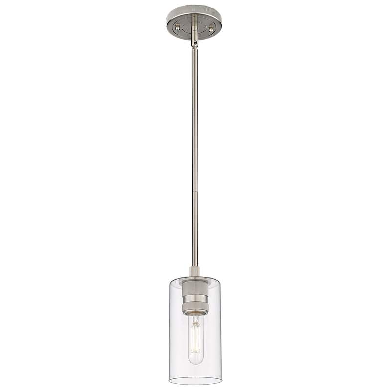 Image 1 Crown Point 3.88" Wide Satin Nickel Stem Hung Pendant With Clear Shade