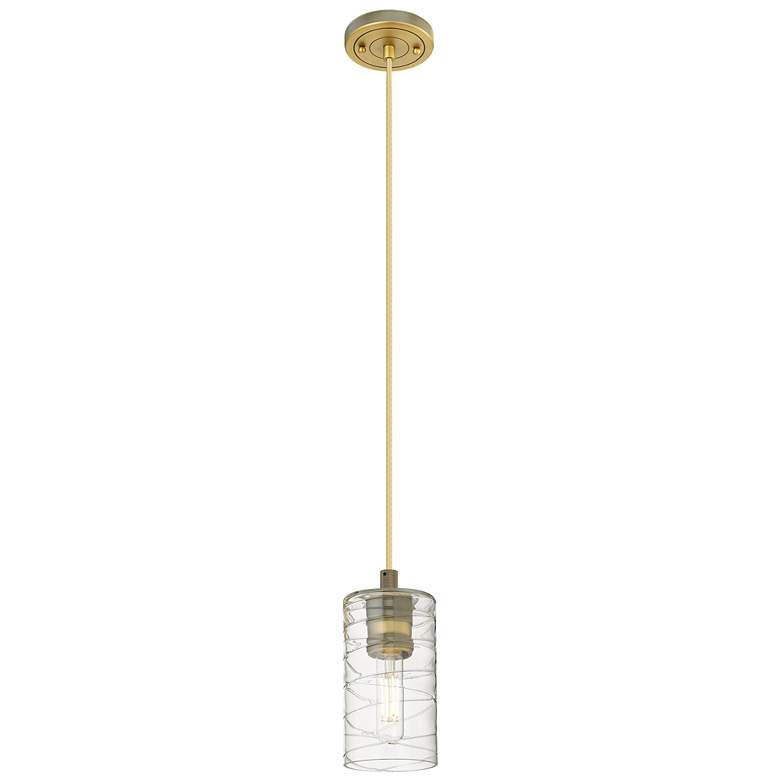 Image 1 Crown Point 3.88"W Brushed Brass Cord Hung Pendant With Deco Swirl Sha