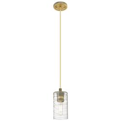 Crown Point 3.88"W Brushed Brass Cord Hung Pendant With Deco Swirl Sha