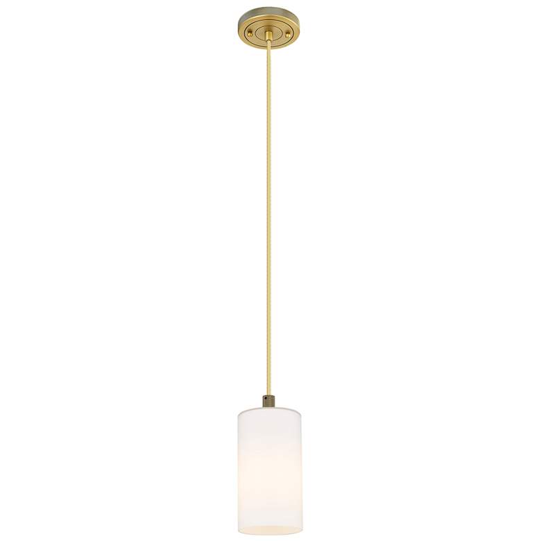 Image 1 Crown Point 3.88 inchW Brushed Brass Cord Hung Pendant With Matte White Sh