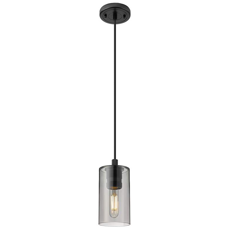 Image 1 Crown Point 3.88"W Matte Black Cord Hung Pendant With Plated Smoke Sha