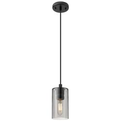 Crown Point 3.88"W Matte Black Cord Hung Pendant With Plated Smoke Sha