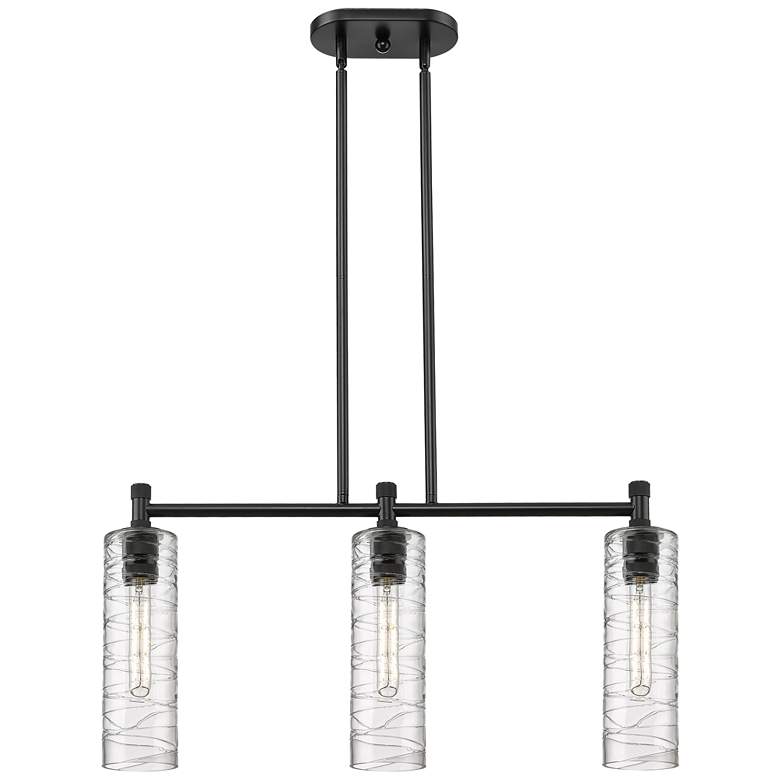 Image 1 Crown Point 30.5"W 3 Light Black Stemmed Island Light w/ Deco Swirl Sh