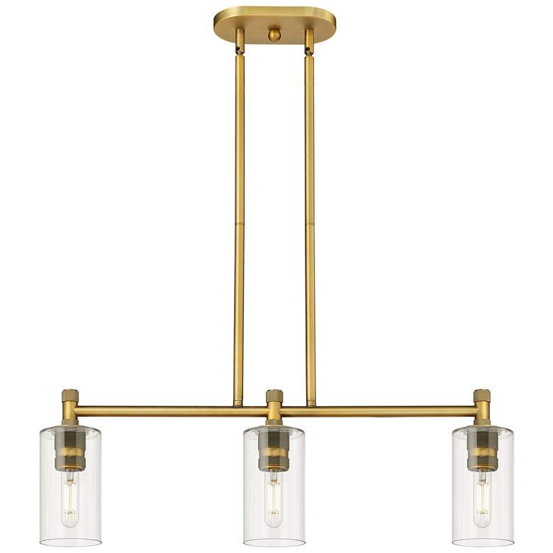 Image 1 Crown Point 30.5"W 3 Light Brushed Brass Stem Island Light w/ Clear Sh