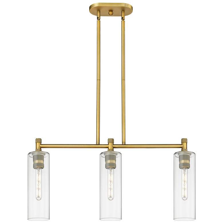 Image 1 Crown Point 30.5"W 3 Light Brushed Brass Stem Island Light w/ Clear Sh