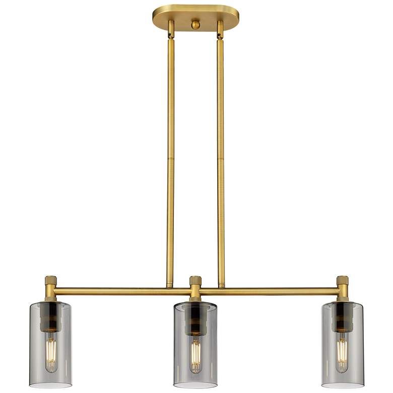 Image 1 Crown Point 30.5"W 3 Light Brushed Brass Stem Island Light w/ Smoke Sh