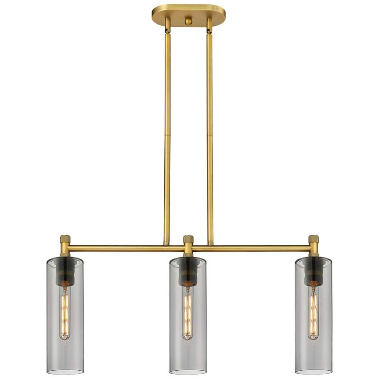 Image 1 Crown Point 30.5"W 3 Light Brushed Brass Stem Island Light w/ Smoke Sh