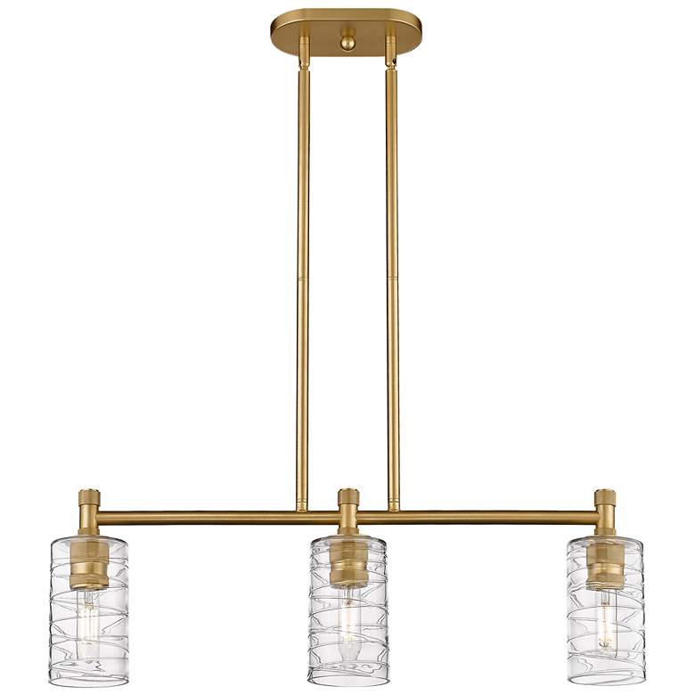 Image 1 Crown Point 30.5"W 3 Light Brushed Brass Stem Island Light w/ Swirl Sh