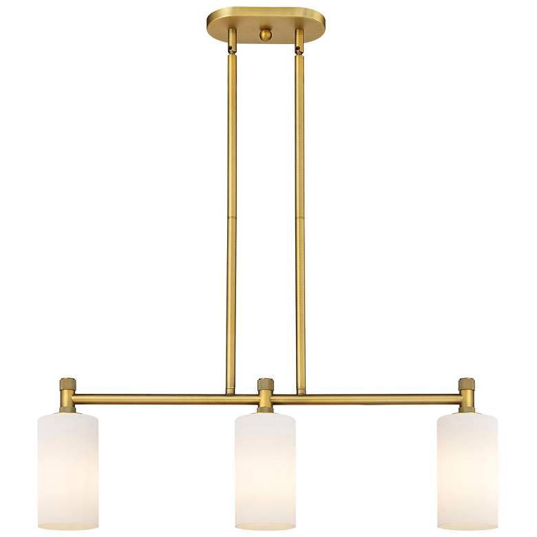 Image 1 Crown Point 30.5"W 3 Light Brushed Brass Stem Island Light w/ White Sh