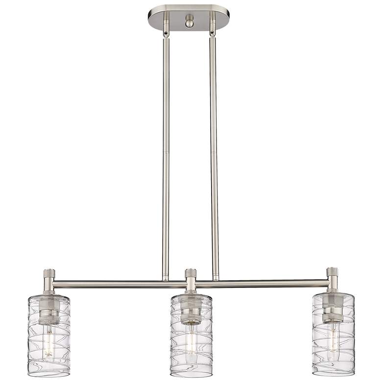 Image 1 Crown Point 30.5"W 3 Light Satin Nickel Stem Island Light w/ Swirl Sha