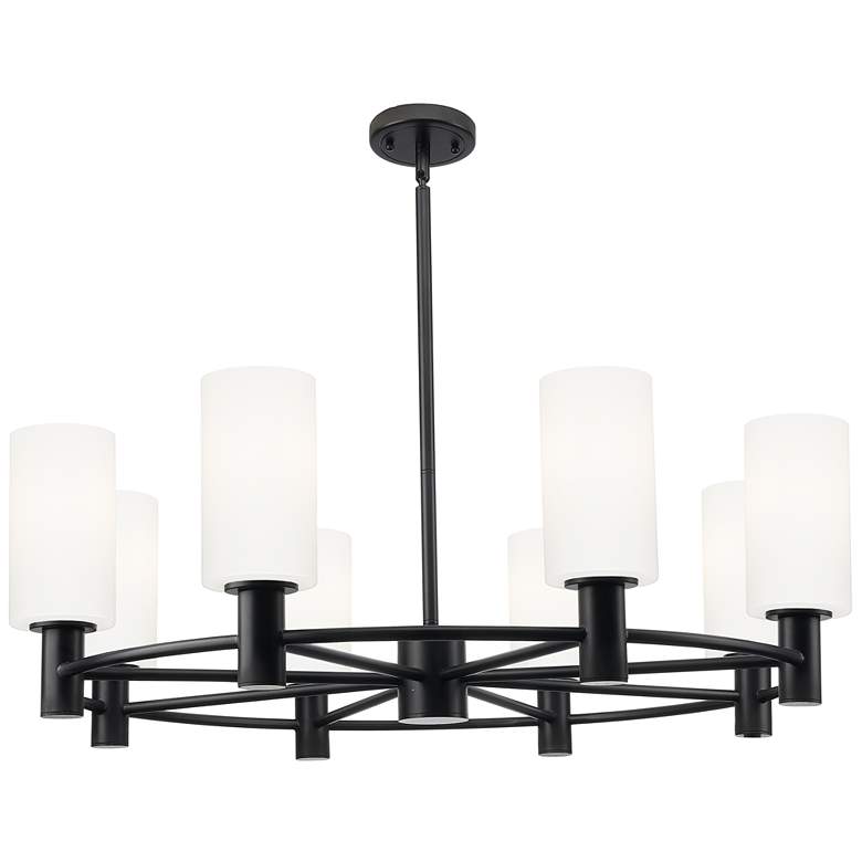 Image 1 Crown Point 32"W 8 Light Black Stem Chandelier With 7" White Shade