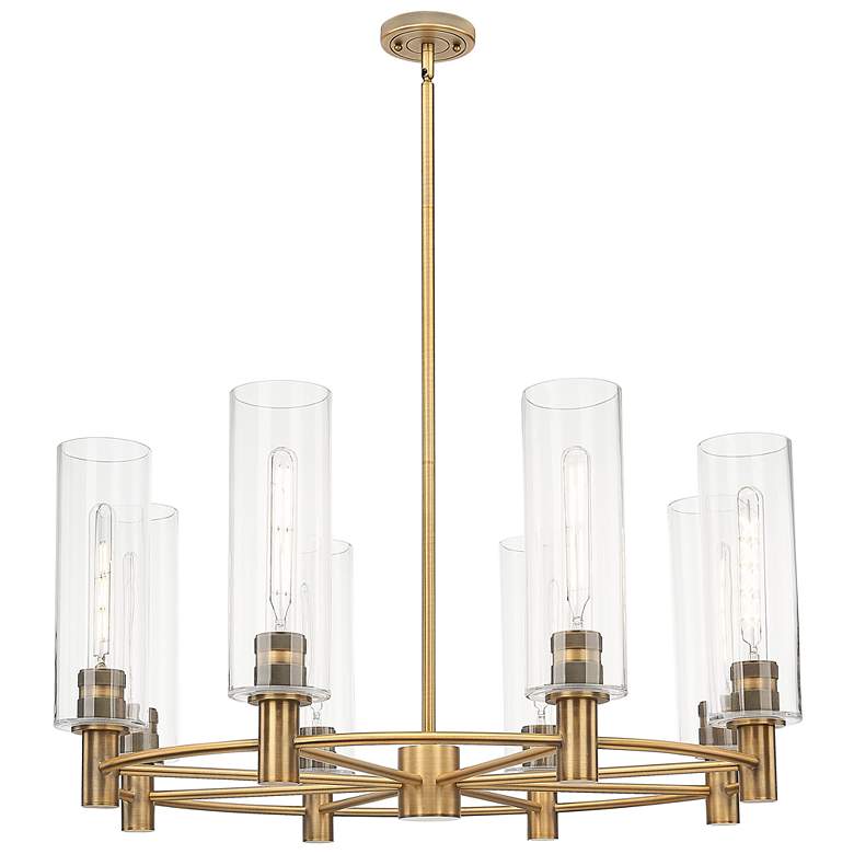 Image 1 Crown Point 32"W 8 Light Brass Stem Chandelier w/ 12" Clear Shade