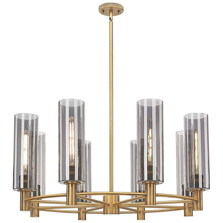 Image 1 Crown Point 32"W 8 Light Brass Stem Chandelier w/ 12" Smoke Shade