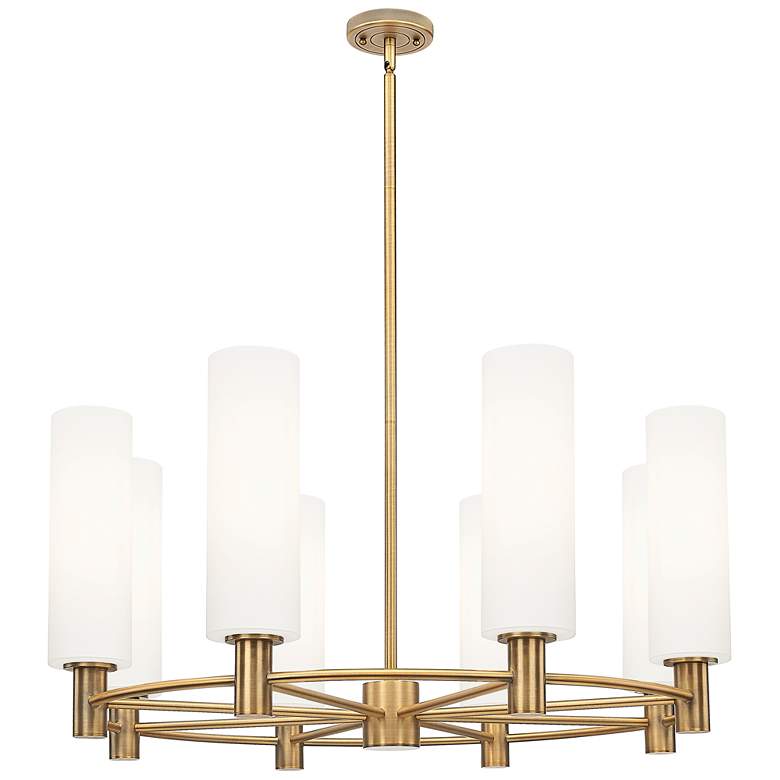 Image 1 Crown Point 32"W 8 Light Brass Stem Chandelier w/ 12" White Shade