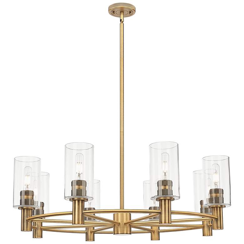 Image 1 Crown Point 32"W 8 Light Brass Stem Chandelier w/ 7" Clear Shade