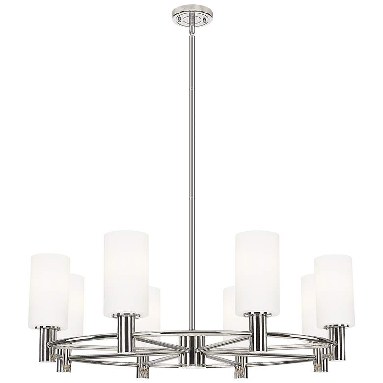 Image 1 Crown Point 32"W 8 Light Nickel Stem Chandelier With 7" White Shade