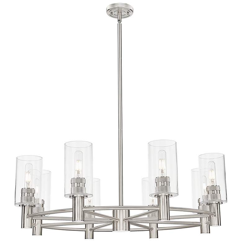 Image 1 Crown Point 32"W 8 Light Satin Nickel Stem Chandelier w/ 7" Clear Shade