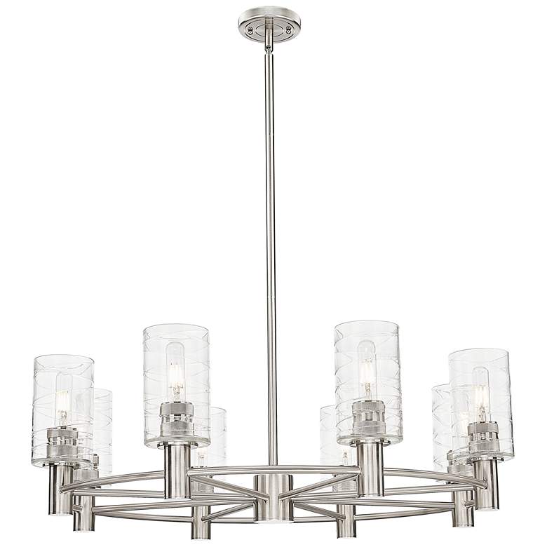 Image 1 Crown Point 32"W 8 Light Satin Nickel Stem Chandelier w/ 7" Seedy Shade