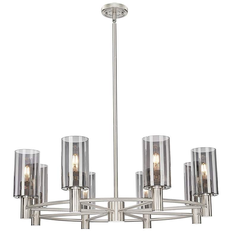 Image 1 Crown Point 32"W 8 Light Satin Nickel Stem Chandelier w/ 7" Smoke Shade