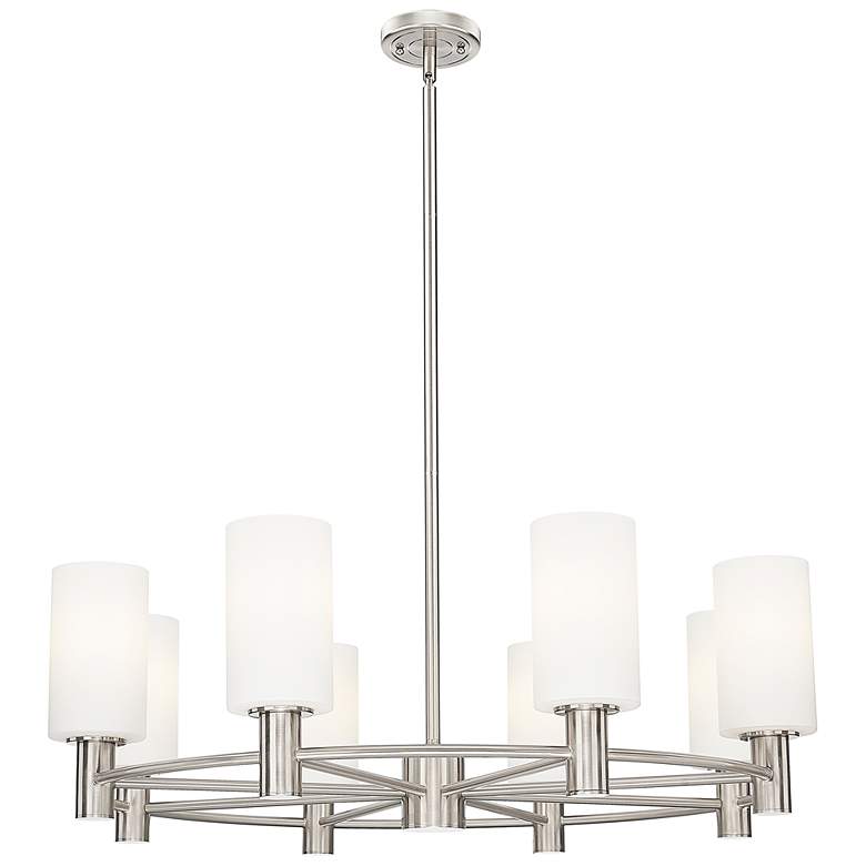 Image 1 Crown Point 32"W 8 Light Satin Nickel Stem Chandelier w/ 7" White Shade