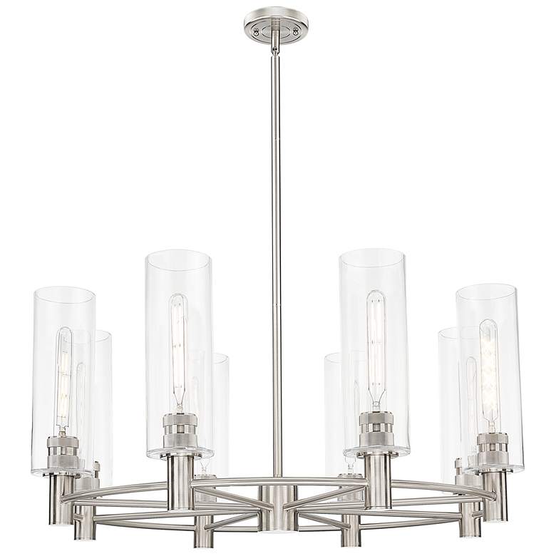 Image 1 Crown Point 32"W 8-Lt Satin Nickel Stem Chandelier w/ 12" Clear Shade