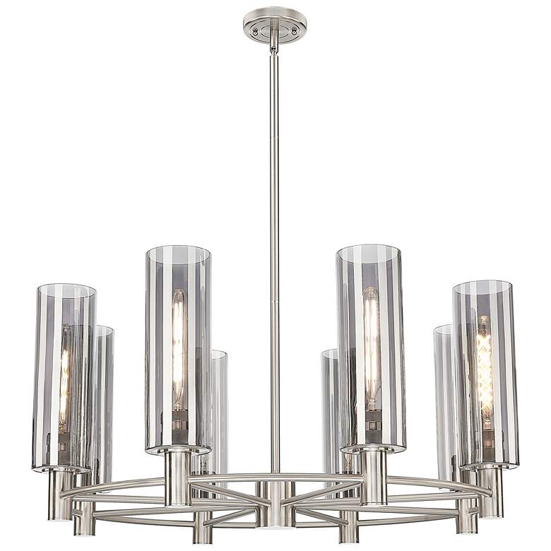 Image 1 Crown Point 32"W 8-Lt Satin Nickel Stem Chandelier w/ 12" Smoke Shade
