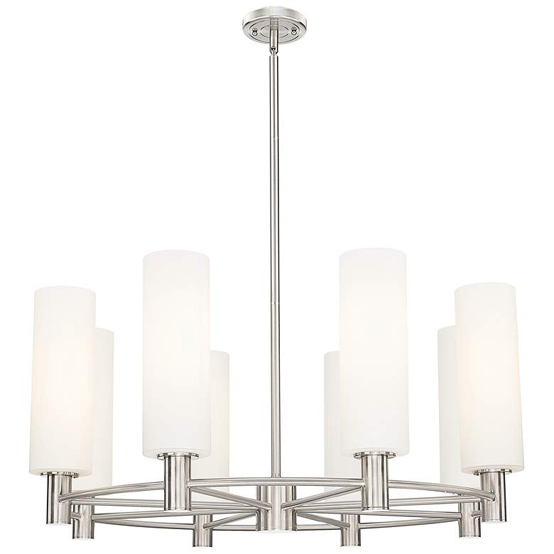 Image 1 Crown Point 32"W 8-Lt Satin Nickel Stem Chandelier w/ 12" White Shade