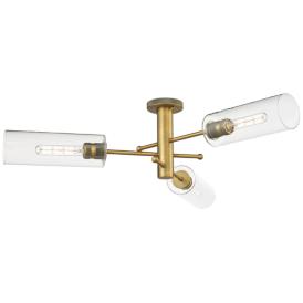 Crown Point 39.25" Wide 3 Light Brushed Brass Flush Mount With Clear S Crown Point 39.25" Wide 3 Light Brushed Brass Flush Mount With Clear S