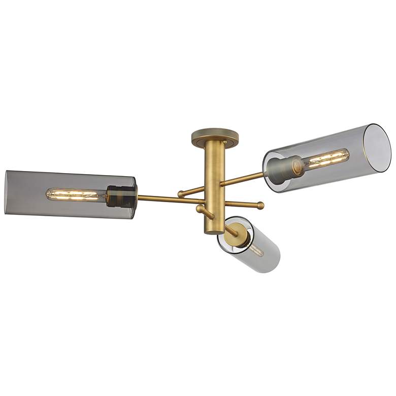 Image 1 Crown Point 39.25"W 3 Light Brushed Brass Flush Mount w/ Plated Smoke
