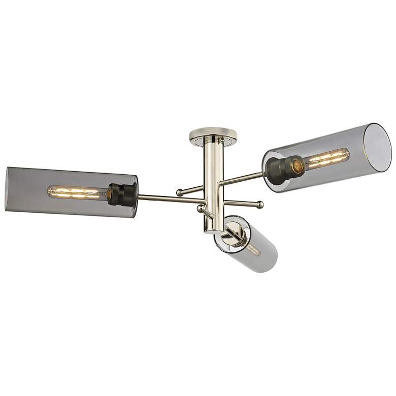 Image 1 Crown Point 39.25"W 3 Light Polished Nickel Flush Mount w/ Smoke Shade