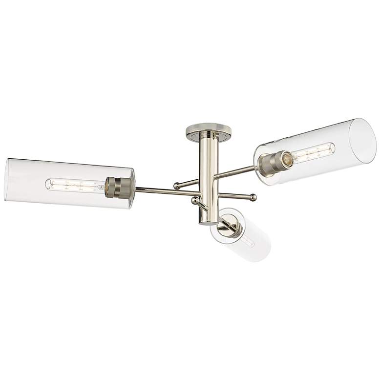 Image 1 Crown Point 39.25 inchW 3 Light Polished Nickel Flush Mount With Clear Sha
