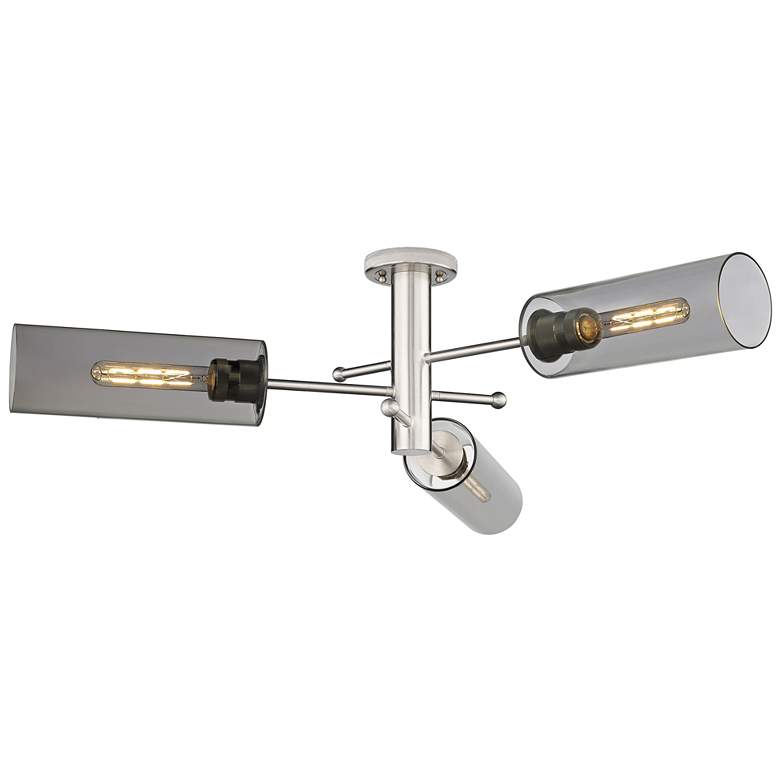 Image 1 Crown Point 39.25"W 3 Light Satin Nickel Flush Mount w/ Plated Smoke S