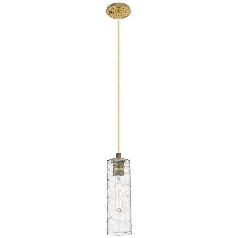 Image 1 Crown Point 4 inch Wide Cord Hung Brushed Brass Pendant With Deco Swirl Sh
