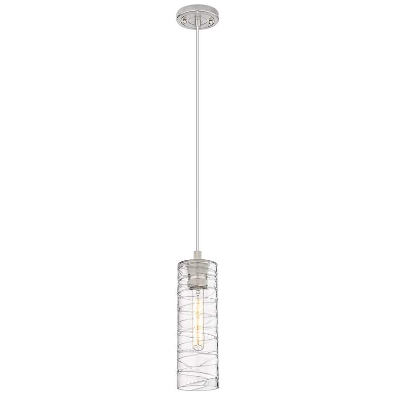 Image 1 Crown Point 4" Wide Cord Hung Satin Nickel Pendant With Deco Swirl Sha